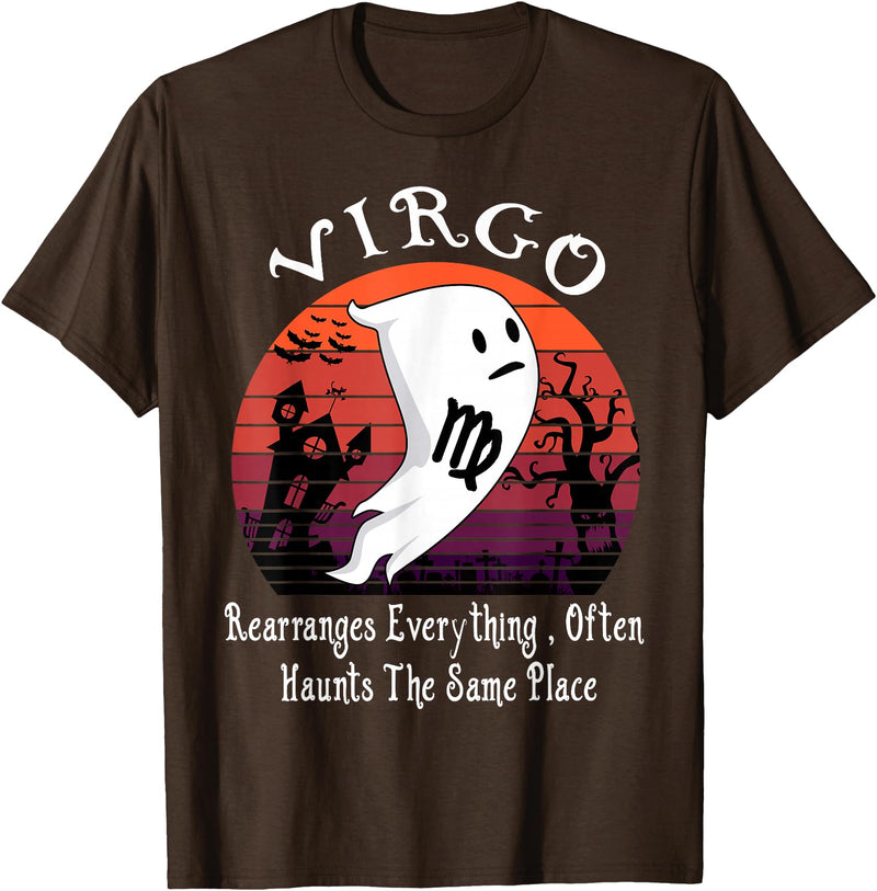 Ghost Zodiac Horoscope Virgo Halloween Costume Retro Ghost Zodiac Sign Virgo Funny Halloween Costume T-Shirt - Brown