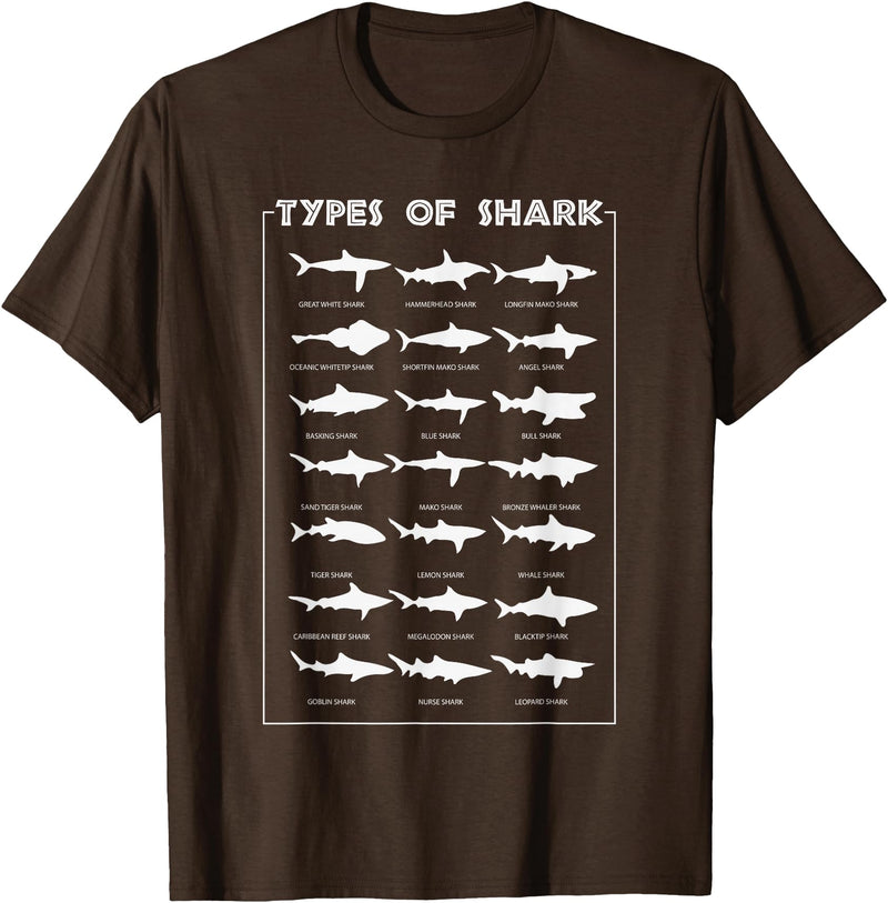 I Love Sharks Design T-Shirts 360 21 Types of Shark | Marine Biology Gift T-Shirt - Brown