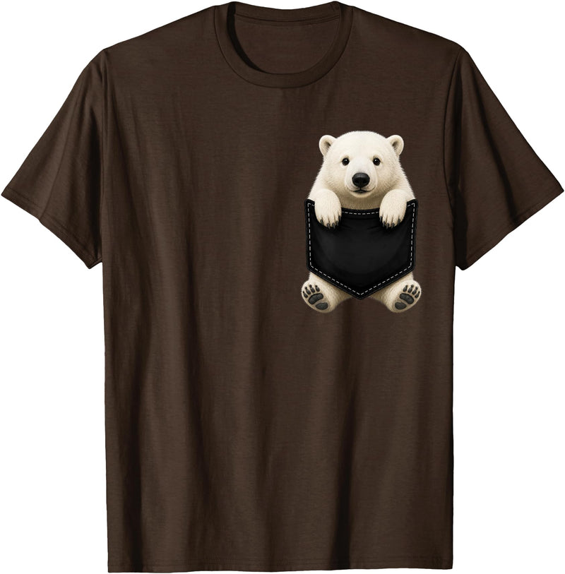 Funny Polar Bear in Pocket Polar Bear Lover Cute Pocket T-Shirt - Brown