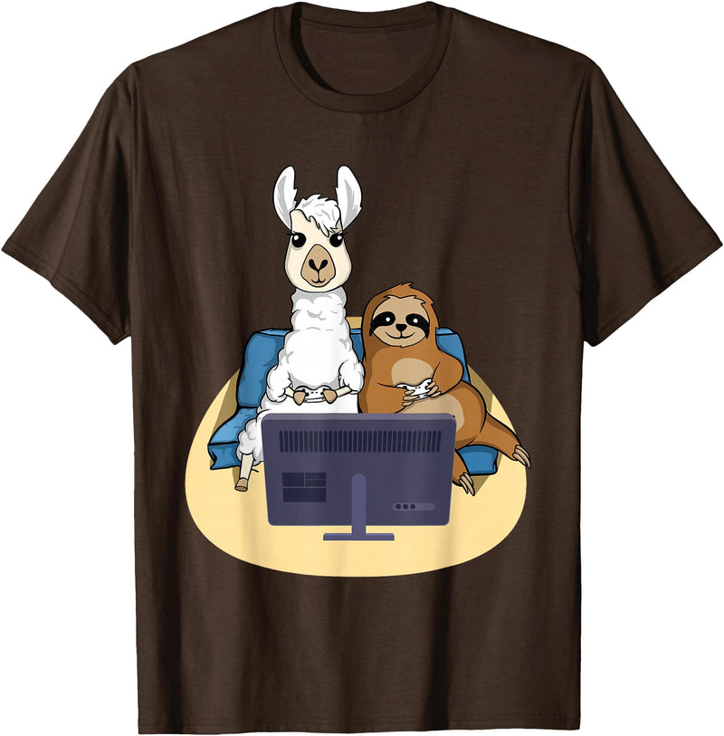 Funny Llama Shirts Sloth And Llama Gamer - Zookeeper Zoo Animal Lovers T-Shirt - Brown