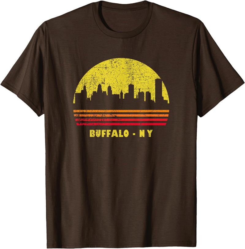 Wowsome! Vintage Retro Sunset Buffalo NY Skyline T-Shirt - Brown