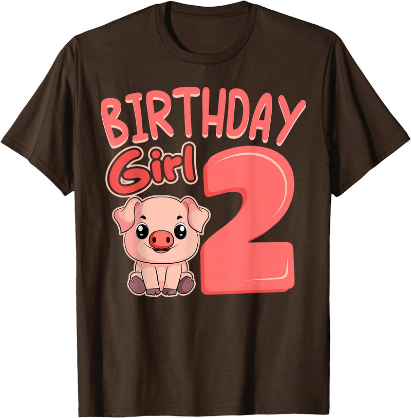 Pig Birthday 2 Cute Girl Farm Party Apparel Pig 2nd Birthday Girl Party Oink Farm Hog Farmyard Piggy T-Shirt - Brown