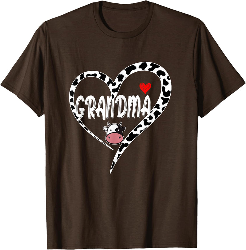 Black White Family Cow Farm Grandma Cow Print Cow Heart Pattern Farmer Cows Mother's Day T-Shirt - Brown
