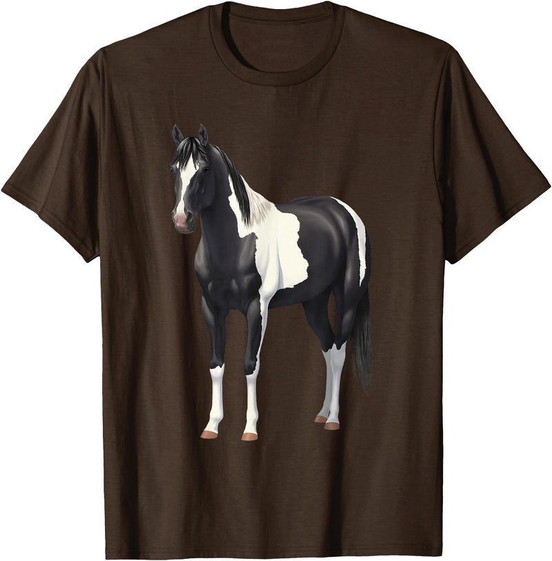 Horse Lover Art by CSForest Beautiful Black Pinto Paint Horse Quarter Horse T-Shirt - Brown