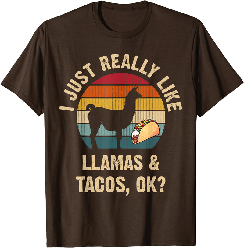 Llamas and Taco Lover Gifts Vintage Retro Style Llamas and Tacos lover Cinco de mayo Taco Tuesday Cute T-Shirt - Brown
