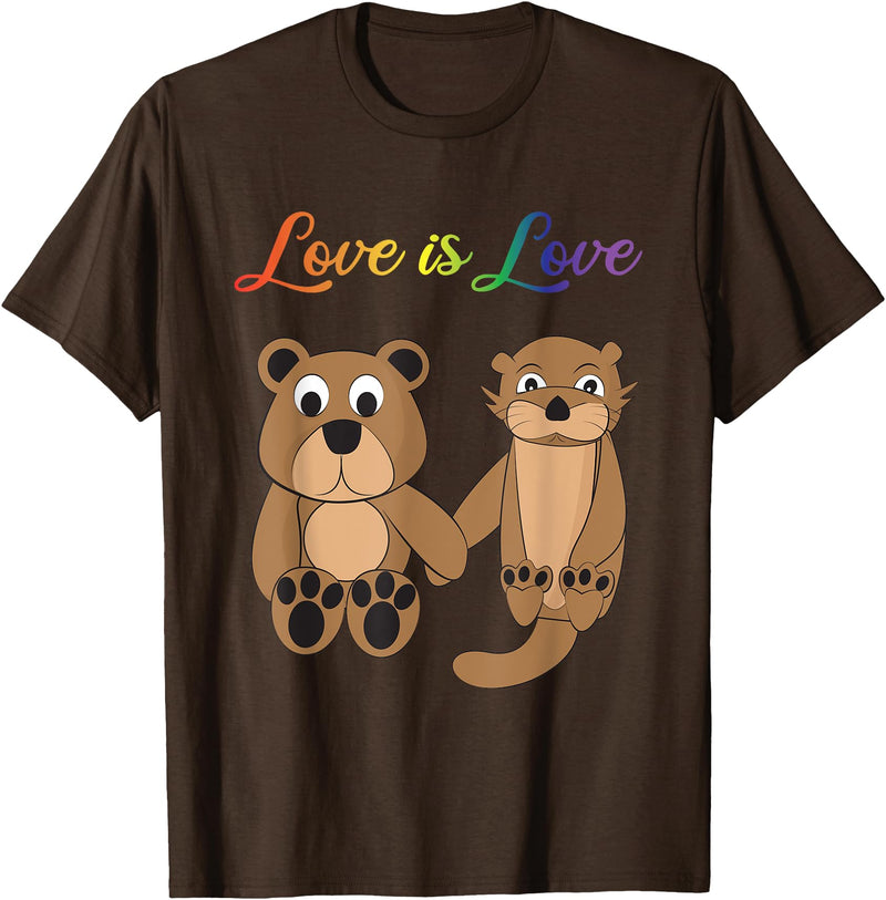 Kaisi-LGBT Gay Bi Gay Lesbian Otter Csd Queer Love Is Love Bear, Otter, Rainbow LGBT Diversity Drawing T-Shirt - Brown