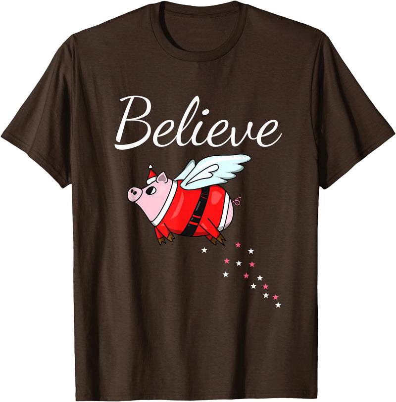 Funny Christmas for Men and Women I Believe pigs can fly funny Christmas Design for Pig Lover T-Shirt - Brown