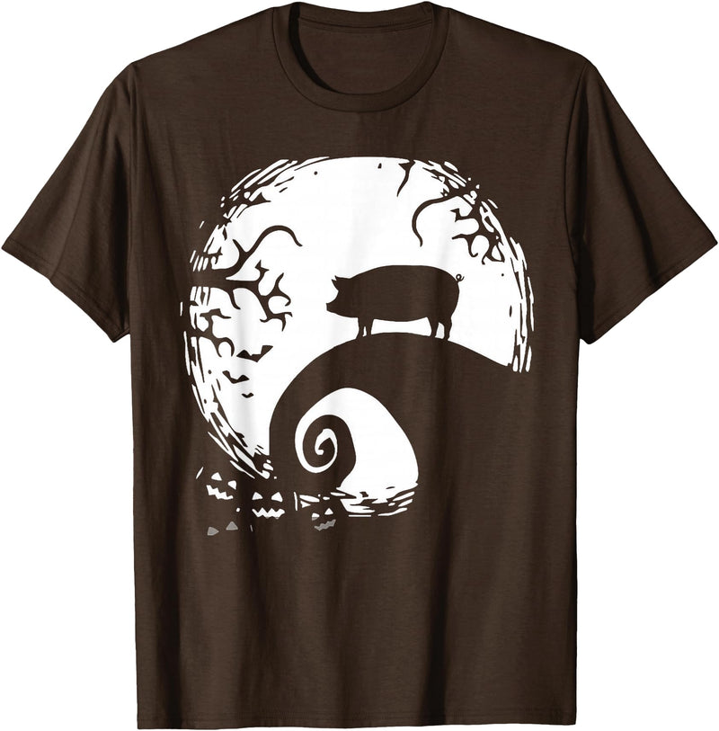 Funny Pig With Moon Halloween Tee Shirt Pig and Moon Halloween T-Shirt - Brown