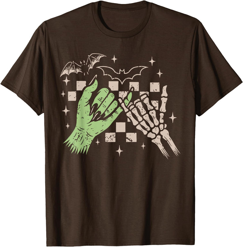 Halloween Vibes Funny Skeleton Hand Spooky Season T-Shirt - Brown