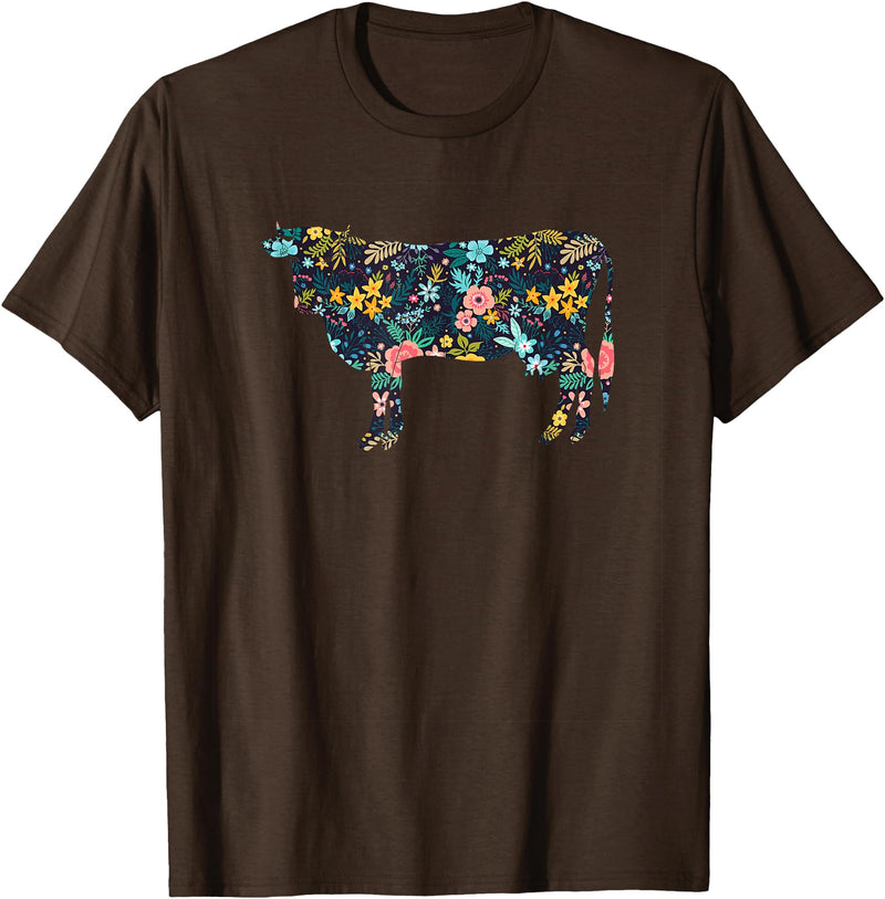Cow Floral Silhouette Cattle Farm Lover Floral Cow Silhouette Womens Girls Cow Farm Animal T-Shirt - Brown