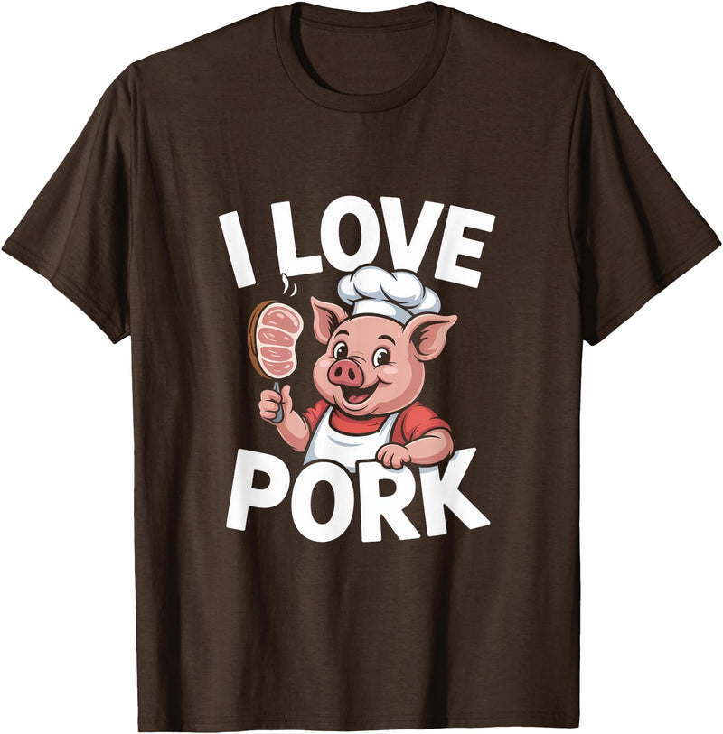 Pig Chef Barbecue Enthusiast Humor I Love Pork Funny Pig Chef Cartoon BBQ T-Shirt - Brown