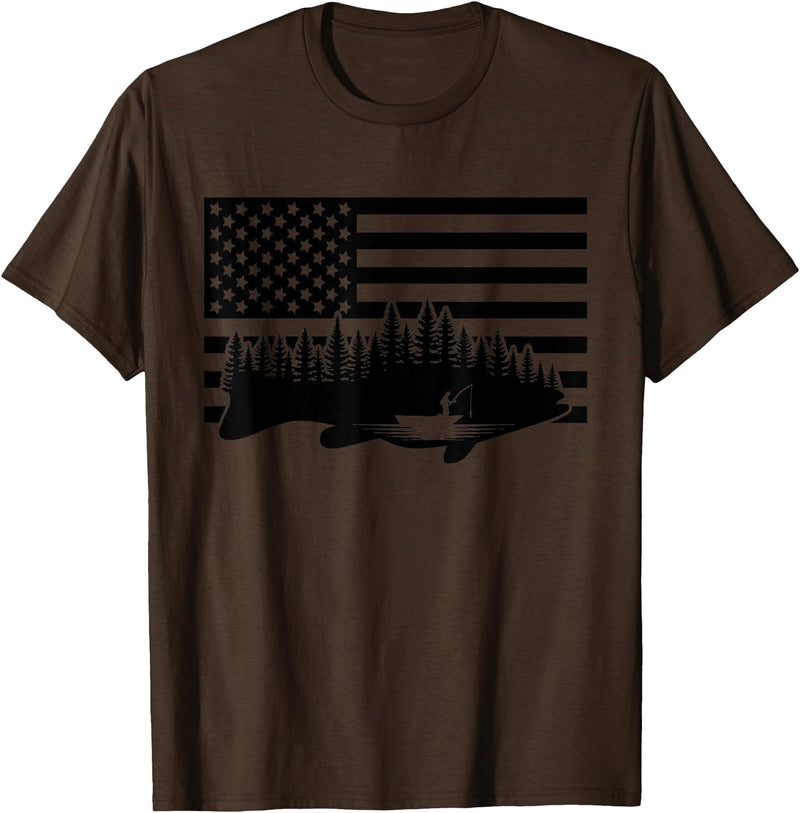 BASBO American Flag Fishing T-Shirt - Grey, Small, Unisex, Short Sleeve, Crew Neck, Classic Fit, Polyester 100%, Imported, Fishing Enthusiasts, Kids - Brown