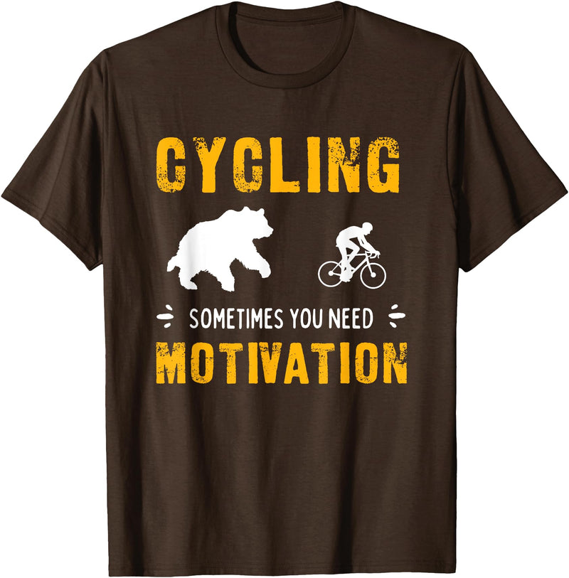 Cycling Needs Motivation - Bear Chasing Cyclist - Funny T-Shirt - Brown