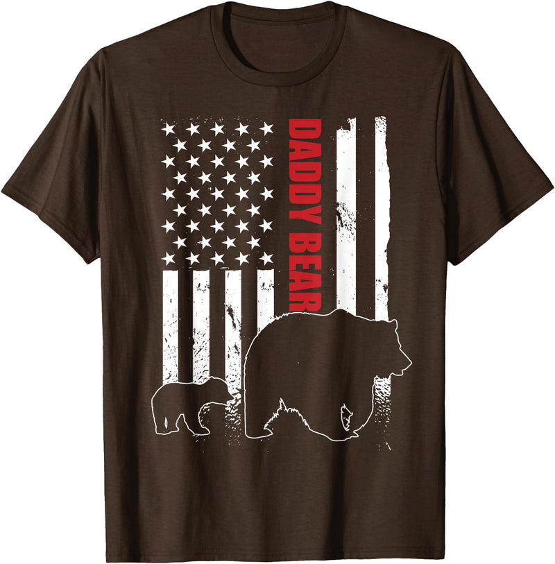 Vintage Gift for proud Dad 4th of July Daddy Bear with cub American Flag Papa Bear Father's Day T-Shirt - Brown