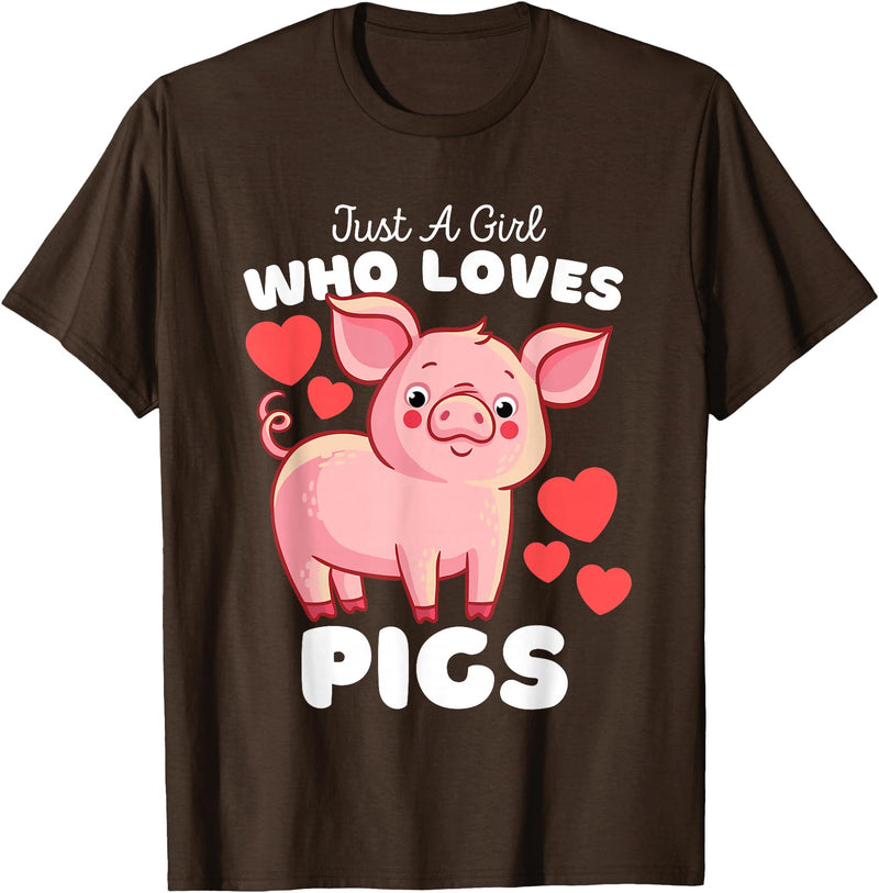 Motion Designs - Farm Animals Just A Girl Who Loves Pigs - Cute Girls Piggy T-Shirt - Brown