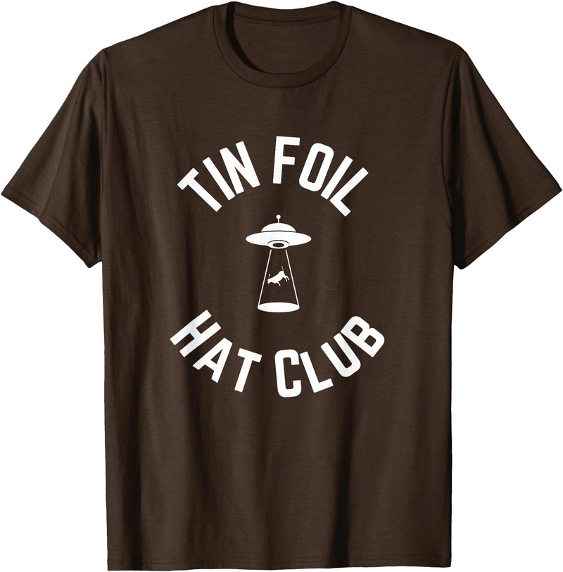 Tin Foil Hat Club with UFO Cow Abduction T-Shirt - Brown