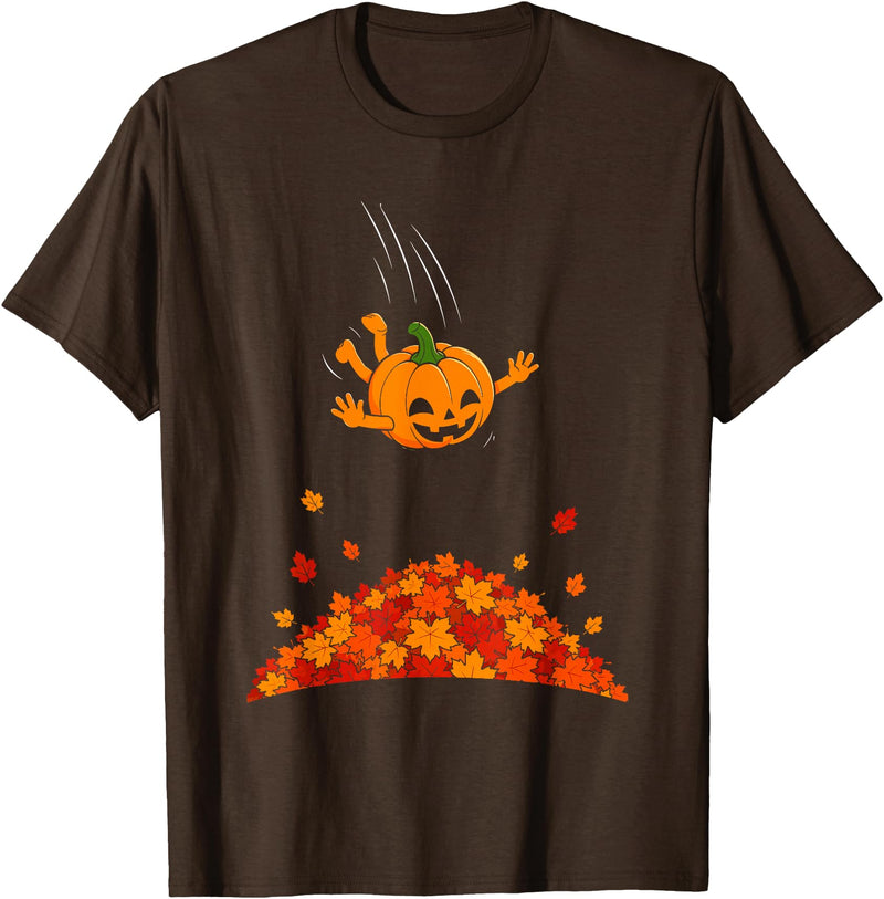 Pumpkin Dive Autumn Fall Season Gifts Pumpkin Dive Funny Fall Season Halloween Jumping Into Leaves T-Shirt - Brown