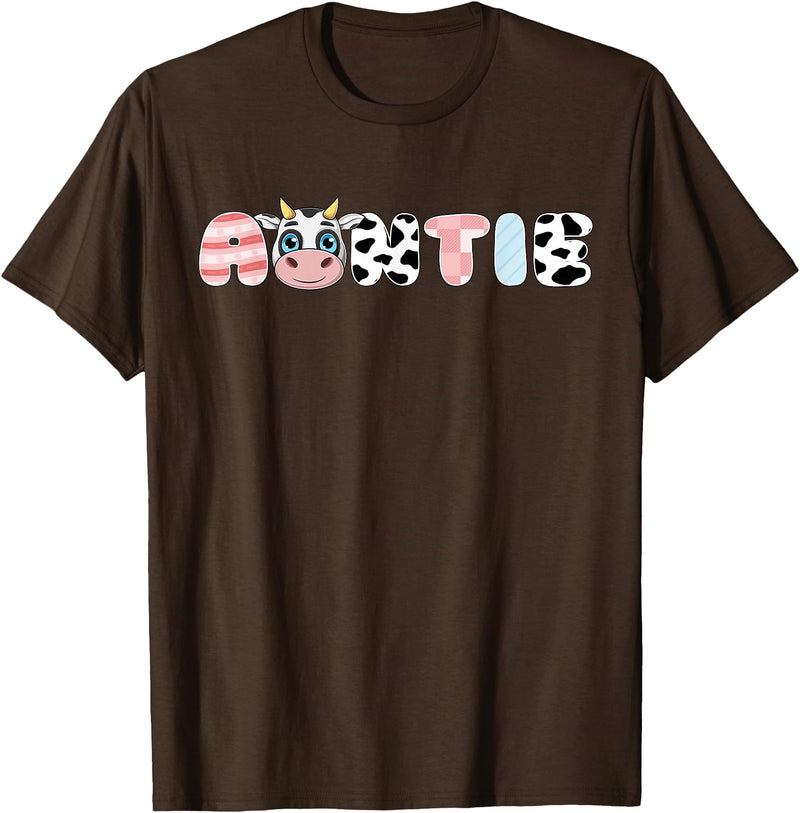 Cow Matching Family Outfit Costume Apparel Auntie Girl Birthday Matching Family Cow Farm Animal Aunt T-Shirt - Brown