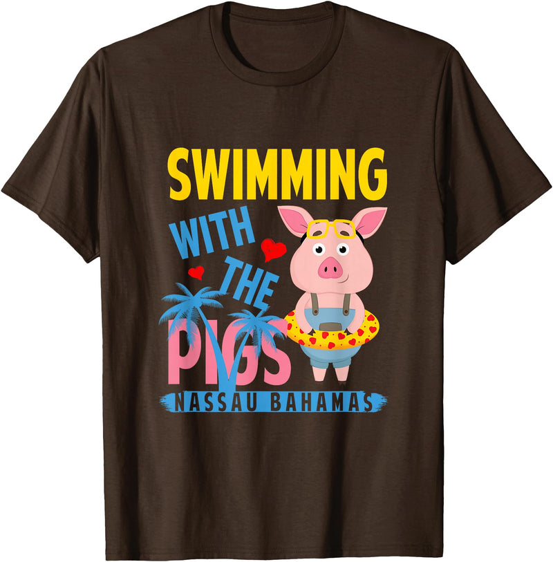 Swimming With The Pigs Bahamas Beach Summer Vibes Swimming With The Pigs Nassau Bahamas Hello Summer Beach T-Shirt - Brown