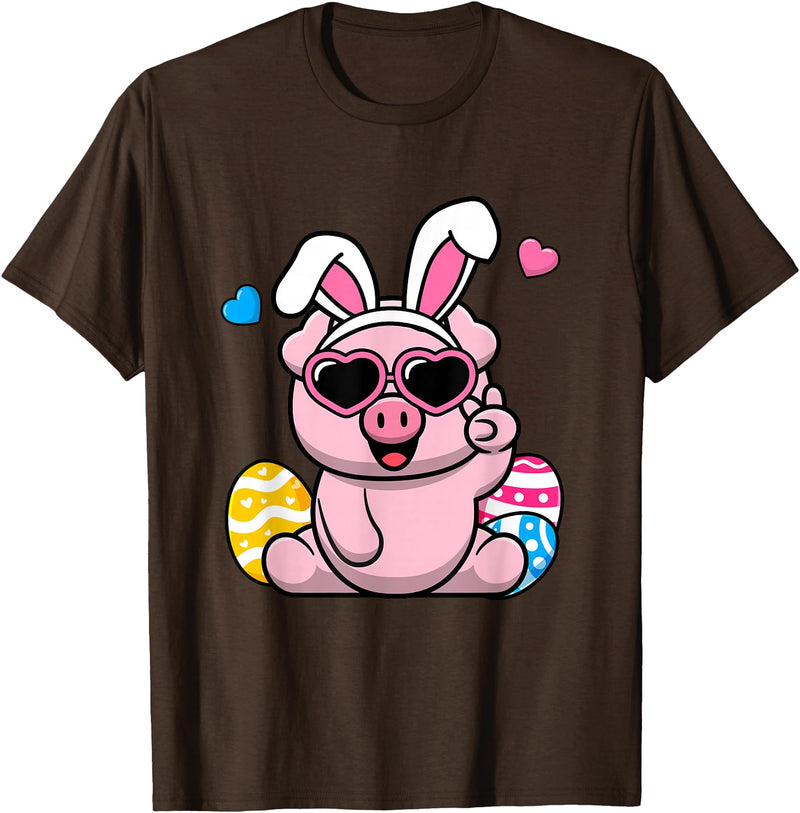Cute Bunny Pig Happy Easter Day Gift Cute Pig Bunny Ears Easter Day Boy Girl Kids T-Shirt - Brown