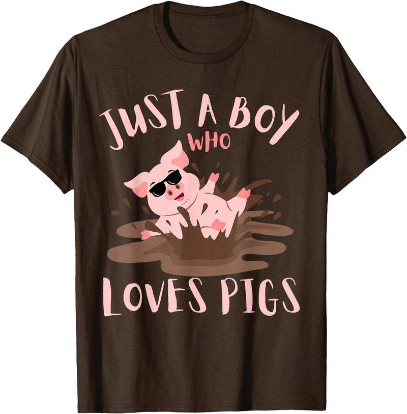 Funny Pig Lover Farm Animals Just A Boy Who Loves Pigs sunglasses In the Mud Kids Boy T-Shirt - Brown