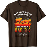 anti vegan shirt I funny bbq bacon fans A Pig, A Chicken, And A Cow Walk Into A Barbecue Bar-B-Q T-Shirt - Brown