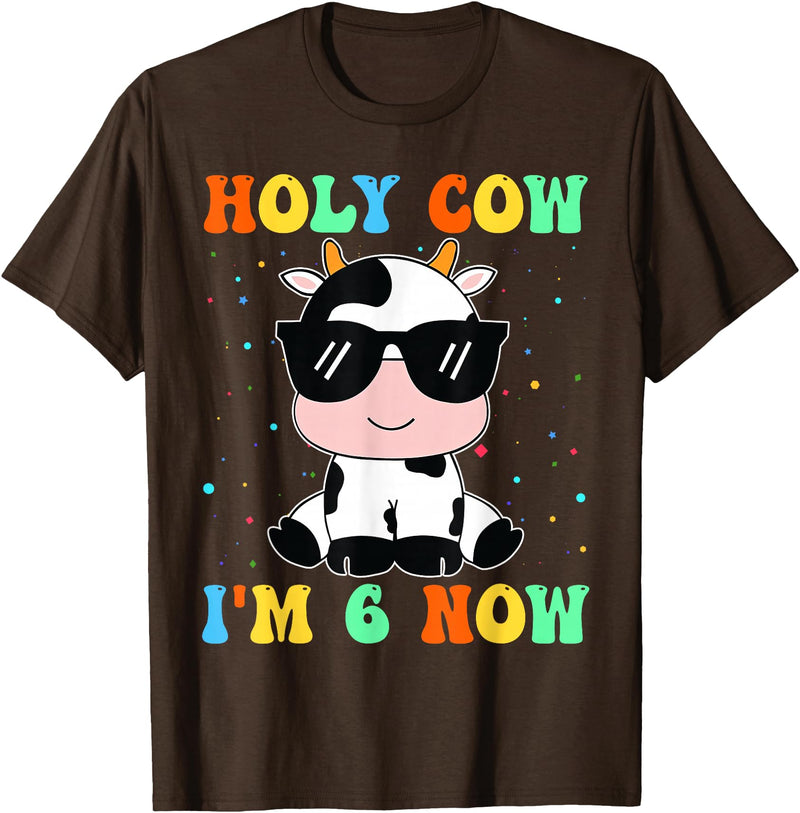 Holy Cow I'm Two 6 6th Birthday Boy Girl Kids Holy Cow I'm Two 6 Years Old 6th Birthday Boy Girl T-Shirt - Brown