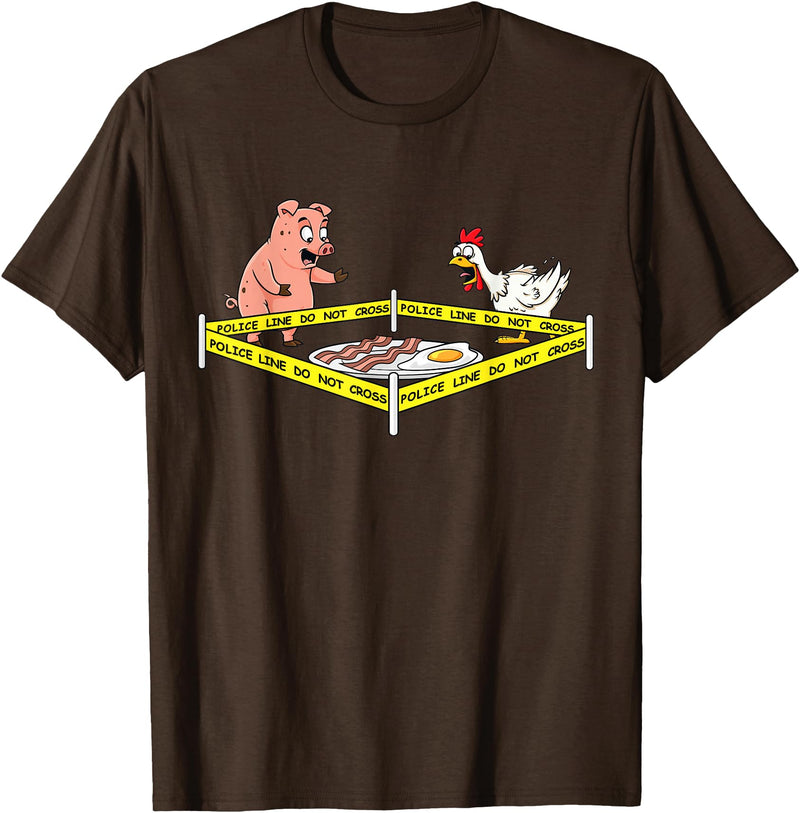 Mr Ben Thanksgiving Police Line Do Not Cross Pig and Chicken Funny Food T-Shirt - Brown
