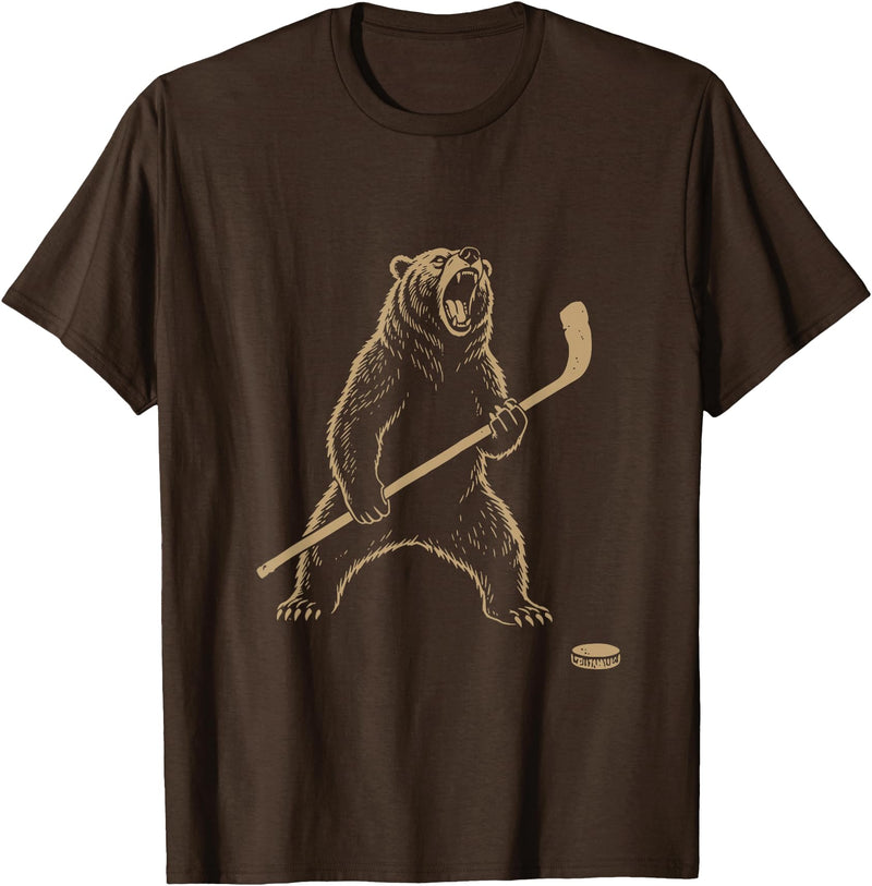 Funny Polar Bear Hockey Player Fans Ice Lover Funny Polar Bear Playing Ice Hockey Sports Lover Player T-Shirt - Brown