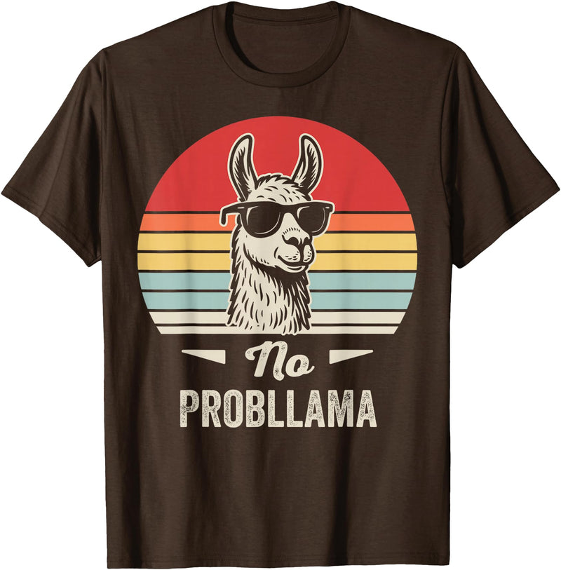 Retro Llama Humor No Drama Vintage Vibes No Probllama Retro Llama Humor Design T-Shirt - Brown