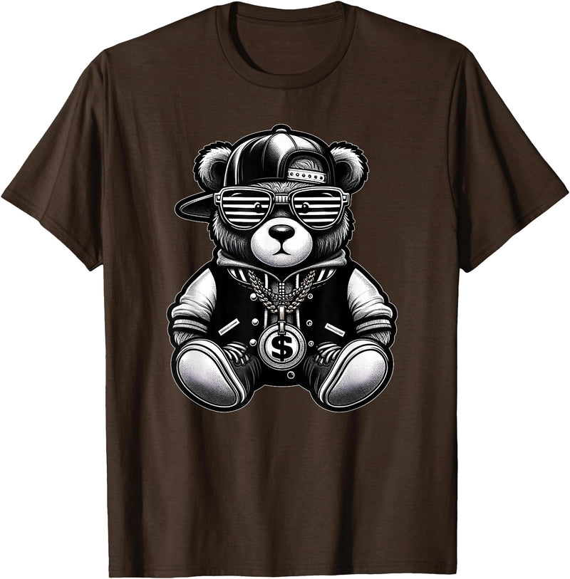 Teddy Bear Hip Hop Lovers Men Women & Kids Funny Hip Hop Teddy Bear 90s Graffiti Art Rap Lover Gangsta T-Shirt - Brown