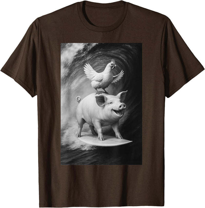Surf Animal Lovers Funny Pet Summer Waves Vibes. Funny Surfing Pig and Chicken Selfie On Farm Animal T-Shirt - Brown