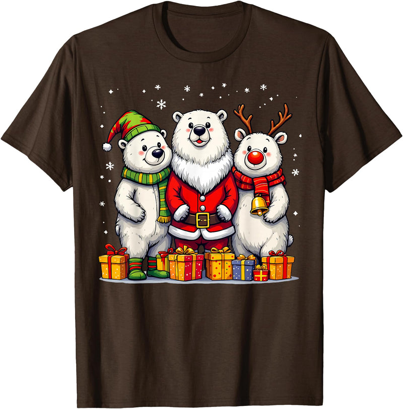 Christmas Polar Bear Santa Elf Reindeer Holiday Cute Christmas Polar Bears in Santa Elf and Reindeer Costume T-Shirt - Brown