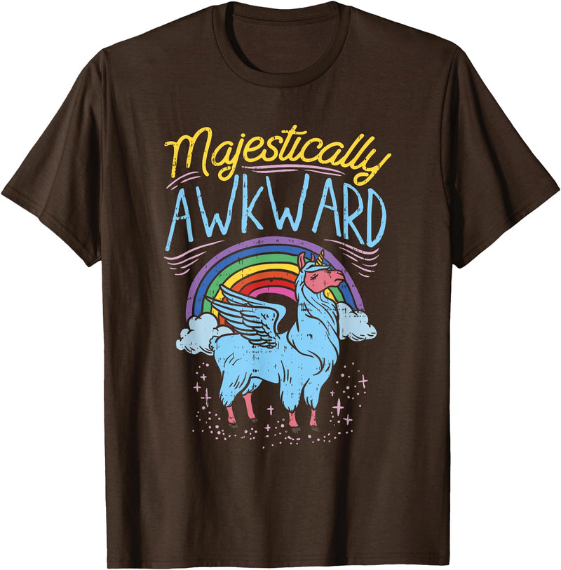 Llama Queen Birthday Party Gift Majestically Awkward Funny Llamacorn Llama Unicorn Rainbow T-Shirt - Brown