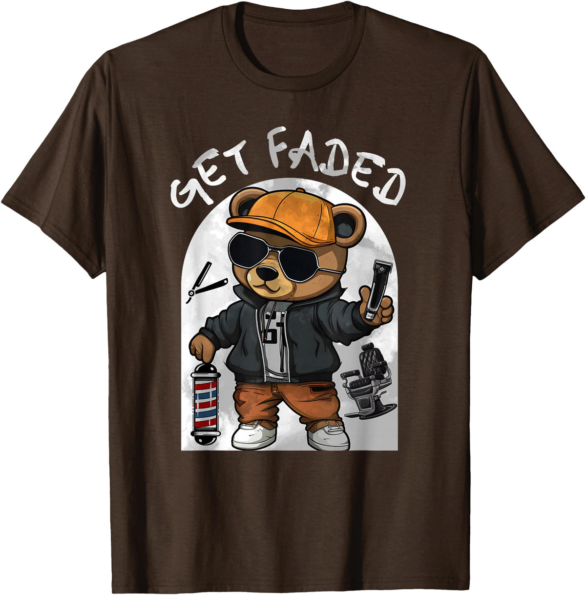 Black Barbershop African American Barber Designs Get Faded Hip Hop Teddy Bear Barber Streetwear Fade Haircut T-Shirt - Brown