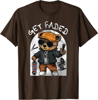 Black Barbershop African American Barber Designs Get Faded Hip Hop Teddy Bear Barber Streetwear Fade Haircut T-Shirt - Brown