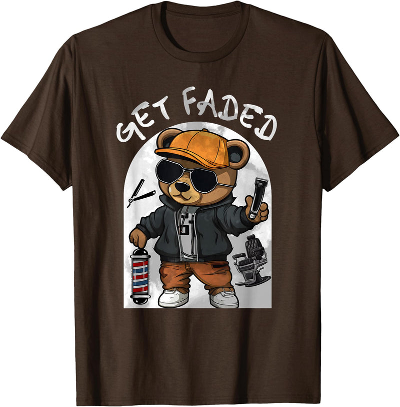Black Barbershop African American Barber Designs Get Faded Hip Hop Teddy Bear Barber Streetwear Fade Haircut T-Shirt - Brown