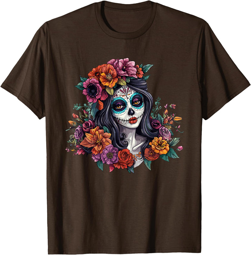 Sugar Skull Dia De Los Muertos Floral Skull Day of The Dead Sugar Skull Woman Floral Crown T-Shirt - Brown