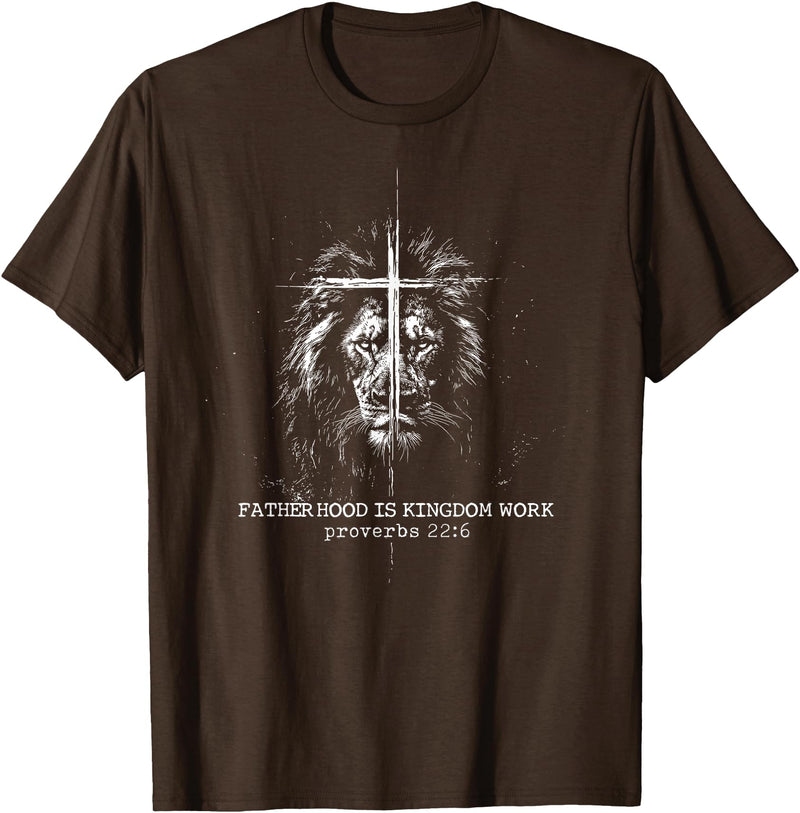 Retro Faith Based Lion Cross Father Day tee Fatherhood is Kingdom Work Retro Faith Based Lion Cross T-Shirt - Brown