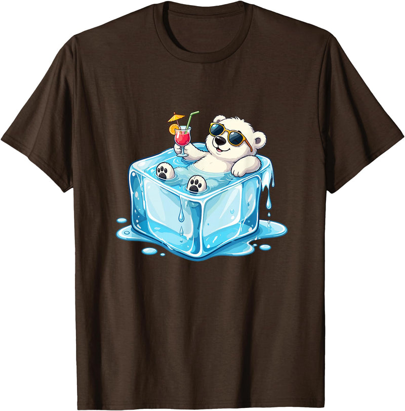Cool Polar Bear Summer Vibes Chill Ice Cube Lazy Polar Bear in Ice Cube Tropical Cocktail T-Shirt - Brown