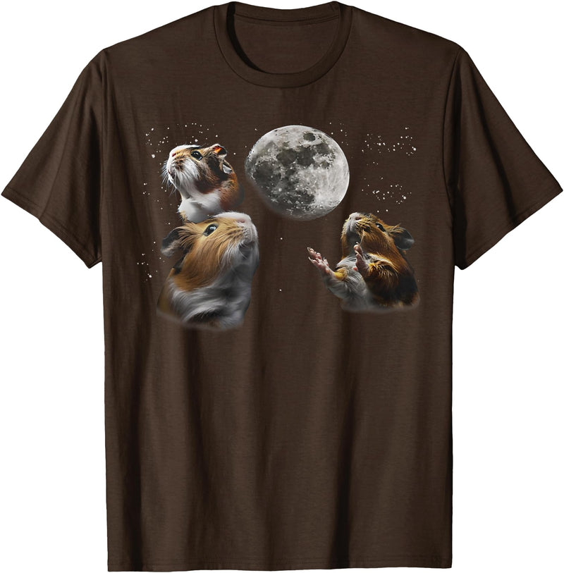 Funny Guinea Pig Lover Gifts 3 Guinea Pigs Moon Howling Funny Rodent For Men, Women, Kid T-Shirt - Brown