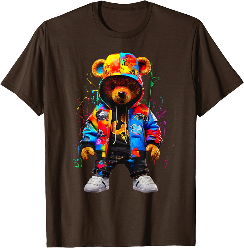 Hip-Hop Teddy-Bear Aesthetic Urban StreetWear Co. Hip-Hop Teddy-Bear Colorful Teddybear with Hoodie Graphic T-Shirt - Brown