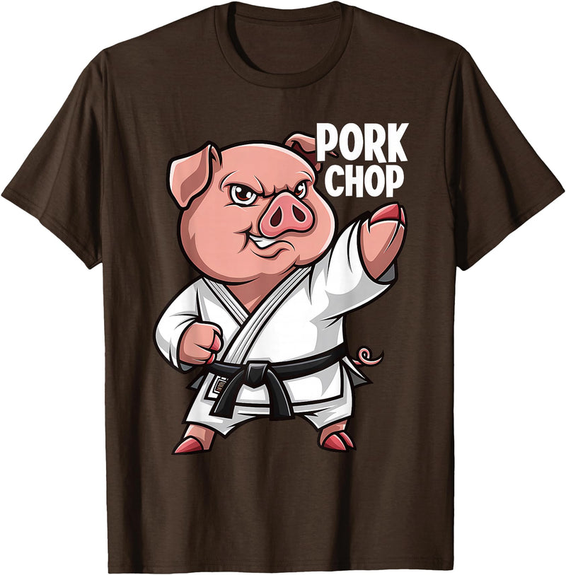 Pig Lover Gift Co. Pig Karate Pork Chop Funny Hog Swine Pun Men Boys Kids Women T-Shirt - Brown