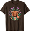 Highland Cow & Thistle Country Art Highland Cow Thistle Floral Scottish Farm Animal Design T-Shirt - Brown