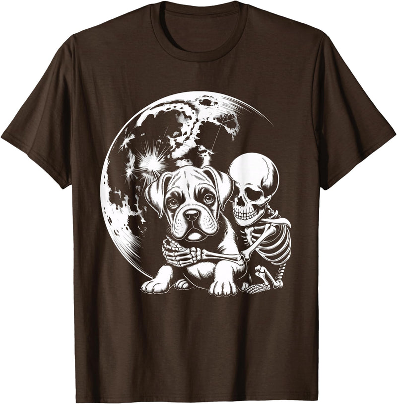 Cute Skeleton Boxer Dog Halloween Women Men Skeleton Hugging Dog Halloween Boxer Lover Mom Dad T-Shirt - Brown