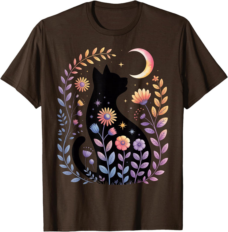 Halloween Black Cat Costume Mystical Cat Lover Midnight Cat and Crescent - Enchanted Lunar Garden Scene T-Shirt - Brown