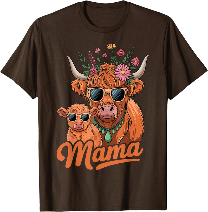 Scottish Farm Matching Mom Daughter Highland Cow Highland Cow Mama Mom Baby Calf Daughter Floral Mothers Day T-Shirt - Brown