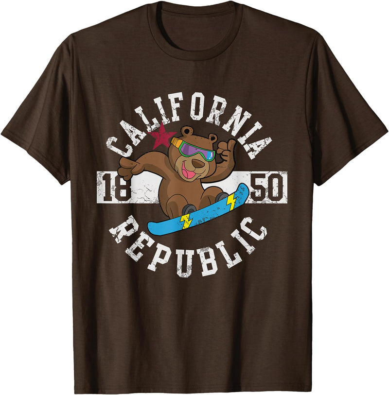 California Gift Kids Boys Girls Men Women Mom Dad California Republic Bear Snowboarder Snowboarding Snowboard T-Shirt - Brown
