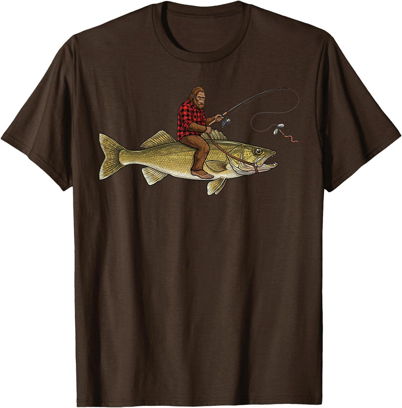 Northern Outdoor Walleye Collection Walleye Fishing Bigfoot Riding Fisherman Funny Angler T-Shirt - Brown