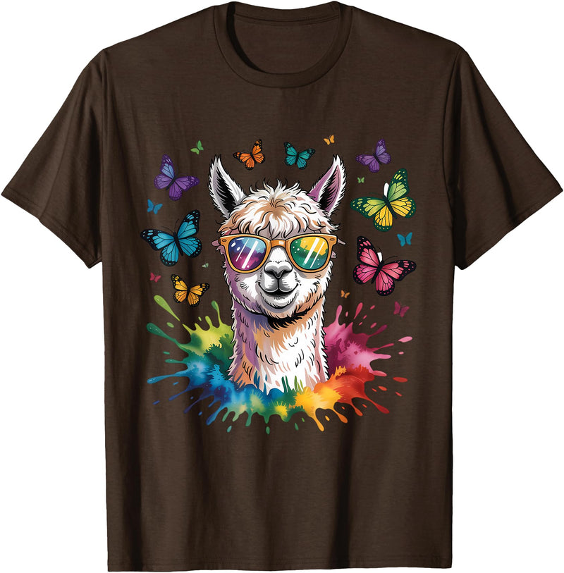 Funny Llama Lover Graphics Cute Llama with Sunglasses Animal Art Graphic Funny Alpaca T-Shirt - Brown